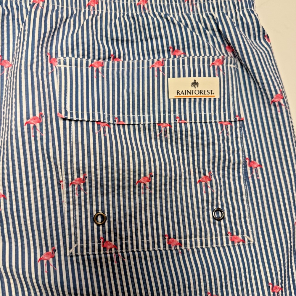 Rainforest Men's L Swim Trunks Bering Sea Navy Stripe Pink Flamingo 4Way Stretch - Picture 5 of 9